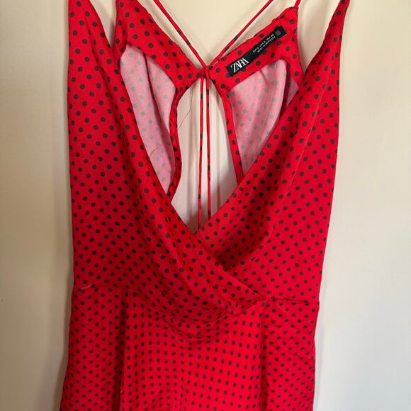 ZARA Polka Dot Red Open Crossover Back Mini Cocktail Satin Dress Preppy Summer - Picture 8 of 16